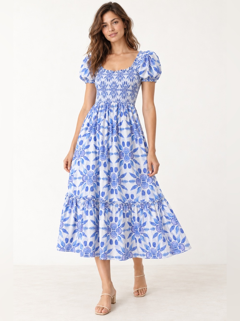 Hill House Home Ellie Nap Dress Blue Shell Mosaic Floral Midi Small